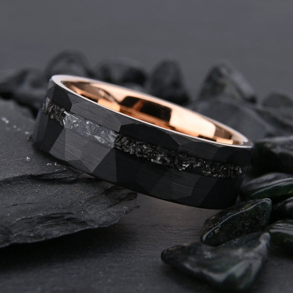 Tungsten Steel Ring With Rose Gold Electroplated Finish Black Hammered Geometric Pattern And Meteorite Inlay Unisex Jewelry