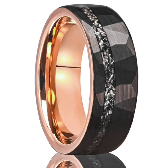 Tungsten Steel Ring With Rose Gold Electroplated Finish Black Hammered Geometric Pattern And Meteorite Inlay Unisex Jewelry