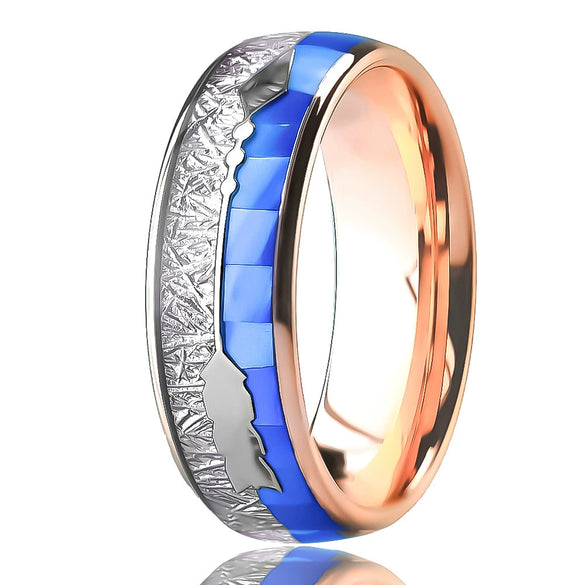 Tungsten Steel Ring With Rose Gold Plating Blue Natural Shell Inlay And Meteorite Pattern For Unisex Wear