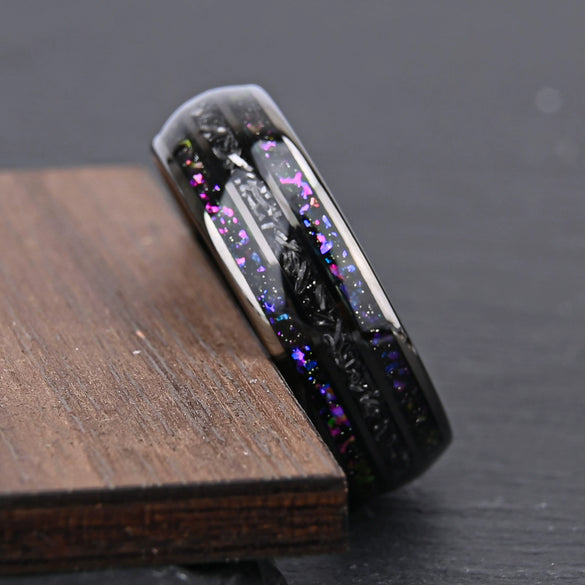 Tungsten Steel Spherical Ring With Gunmetal Black Electroplated Inlay And Meteorite Center Minimalist Geometric Jewelry