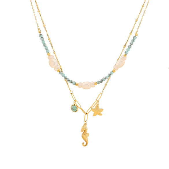 Turquoise Beaded Seahorse Shell Stainless Steel Double Chain Necklace With Animal Pattern And Electroplating