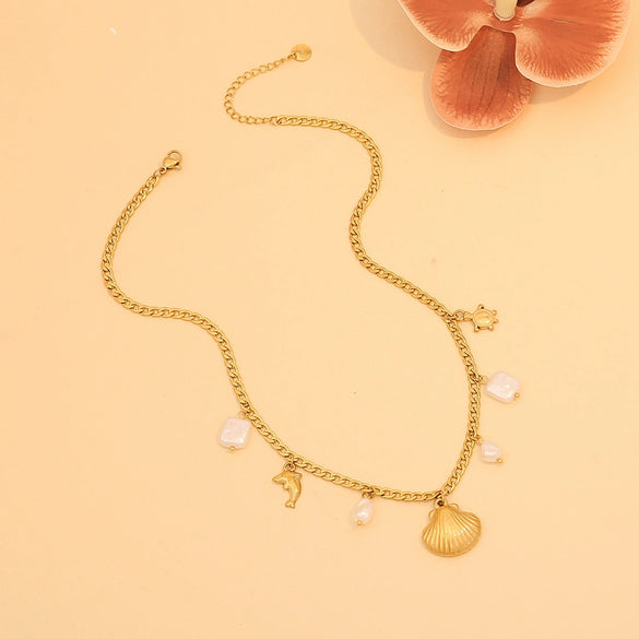 Turquoise Beaded Seahorse Shell Stainless Steel Double Chain Necklace With Animal Pattern And Electroplating