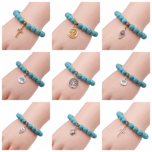Turquoise Cross Bracelet With Cross Tree Pendant Electroplated Jewelry