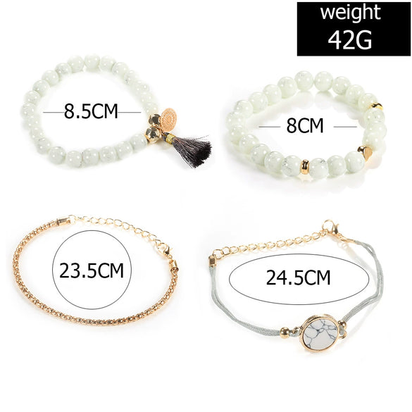Turquoise Tassel Round Stone Fourpiece Tassel Bracelet Alloy Geometry Electroplated