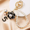 Tweed Style Camellia Metal Car Keychain And Bag Pendant With Diamond Pearl Pendant For Women