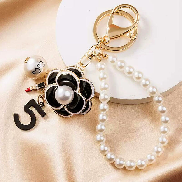 Tweed Style Camellia Metal Car Keychain And Bag Pendant With Diamond Pearl Pendant For Women