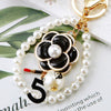 Tweed Style Camellia Metal Car Keychain And Bag Pendant With Diamond Pearl Pendant For Women