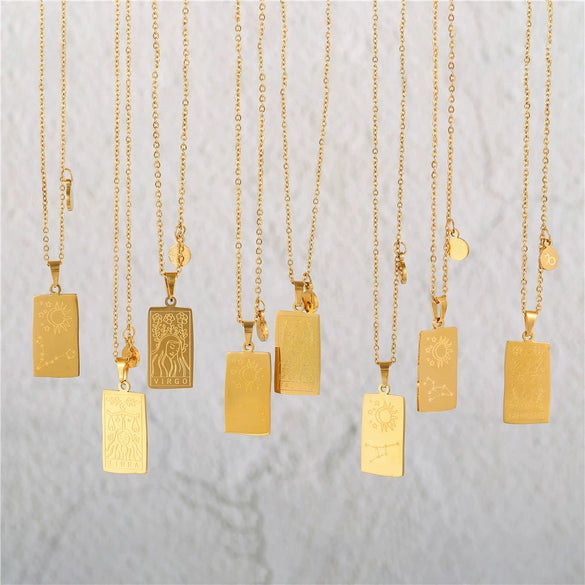 Twelve Constellation Tarot Stainless Steel Titanium Steel Square Gold Inlaid Geometric Necklace