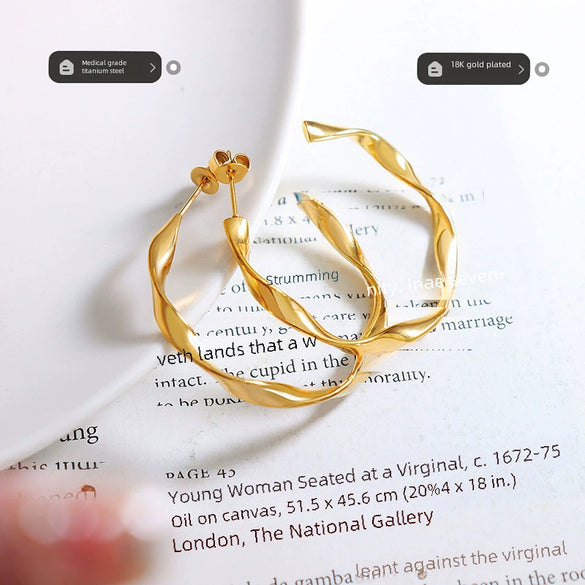 Twisted Ctype Allmatch Earrings For Women Titanium Steel Plated 18K Gold Electroplated Design