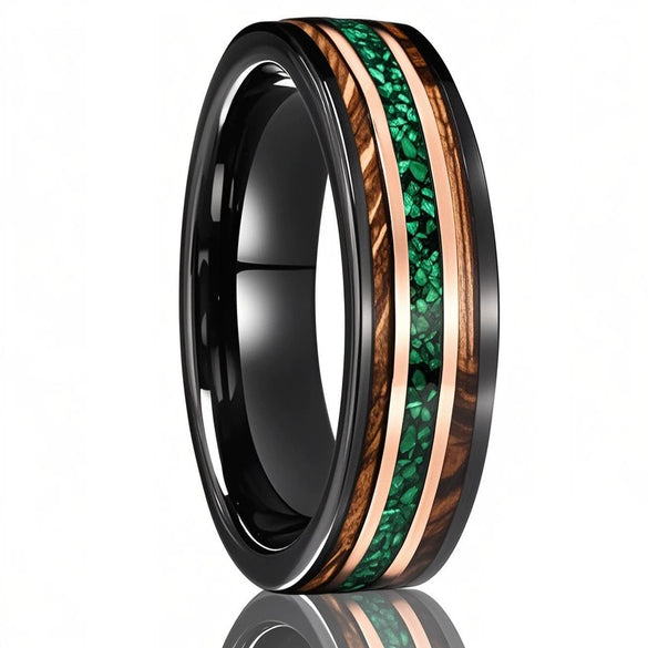 Two Tone Tungsten Steel Ring With Green Opal And Barrel Shaped Wood Inlay Minimalist Geometric Electroplated Unisex Jewelry