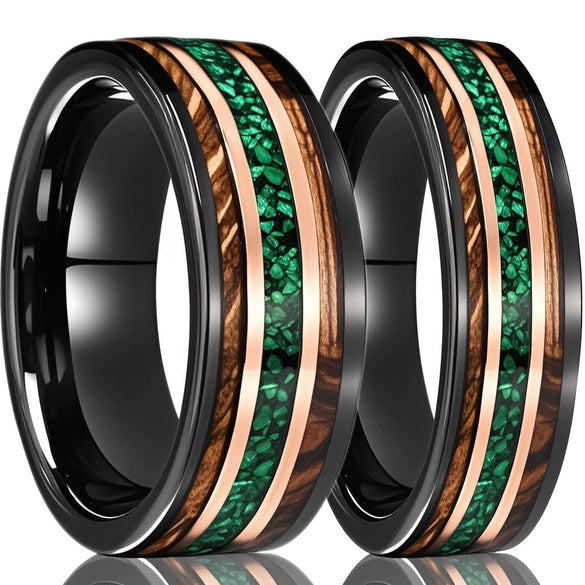 Two Tone Tungsten Steel Ring With Green Opal And Barrel Shaped Wood Inlay Minimalist Geometric Electroplated Unisex Jewelry