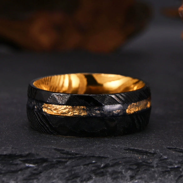 Twotone Electroplated Tungsten Steel Damascus Style Ring With Gold Foil Meteorite Inlay Minimalist Geometric Unisex Jewelry