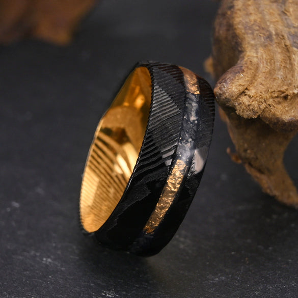 Twotone Electroplated Tungsten Steel Damascus Style Ring With Gold Foil Meteorite Inlay Minimalist Geometric Unisex Jewelry