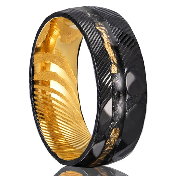 Twotone Electroplated Tungsten Steel Damascus Style Ring With Gold Foil Meteorite Inlay Minimalist Geometric Unisex Jewelry
