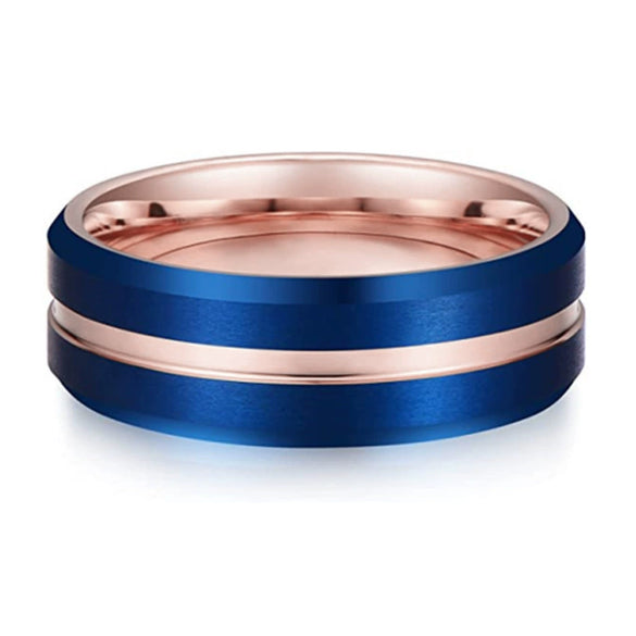 Twotone Rose Gold And Blue Electroplated Tungsten Steel Ring With Sand Finish Geometric Unisex Casual Jewelry