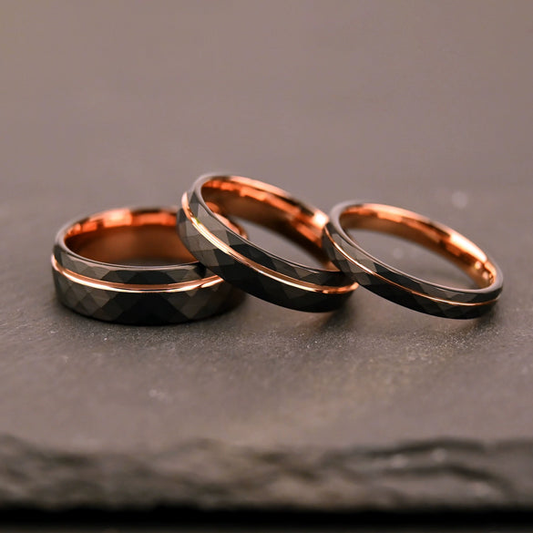 Twotone Tungsten Steel Couple Ring With Rose Gold And Black Diamondshaped Sand Texture Casual Unisex Jewelry