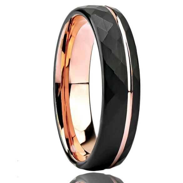 Twotone Tungsten Steel Couple Ring With Rose Gold And Black Diamondshaped Sand Texture Casual Unisex Jewelry