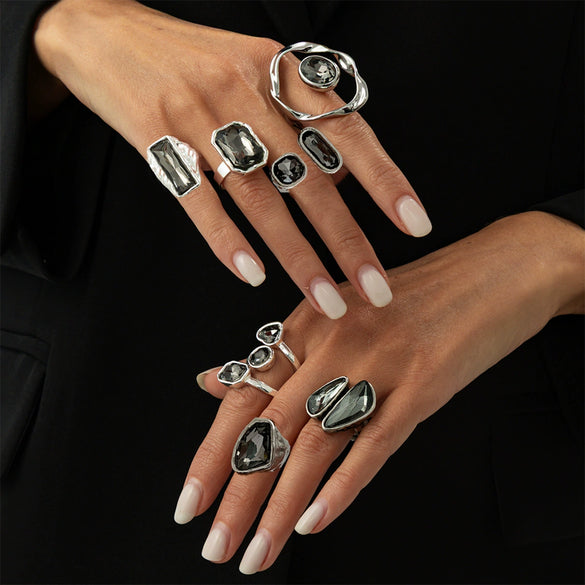 Unisex Acrylic And Metal Geometric Ring Set With Irregular Square Shapes And Polished Electroplated Finish