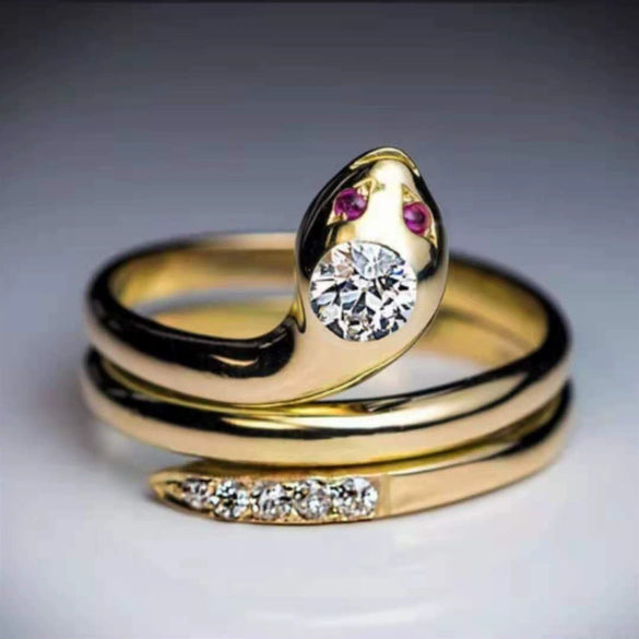 Unisex Adjustable Open Snake Ring With Red Zircon Diamond Accent Electroplated Metal Animal Zodiac Jewelry Accessory