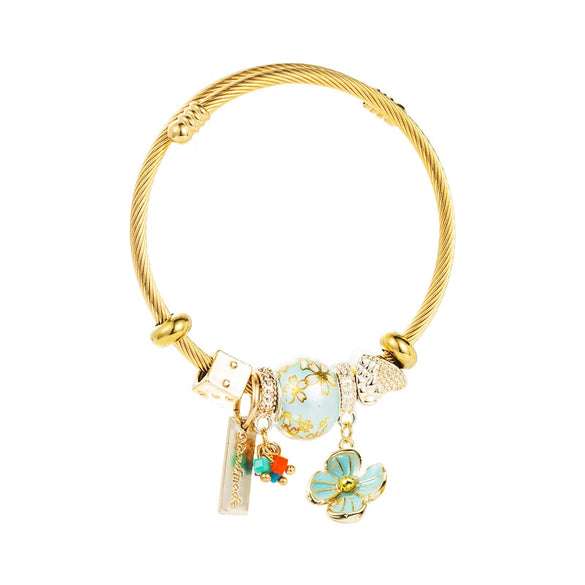 Unisex Alloy Beaded Love Gem And Sweet Flower Charm Bracelet With Electroplated Finish
