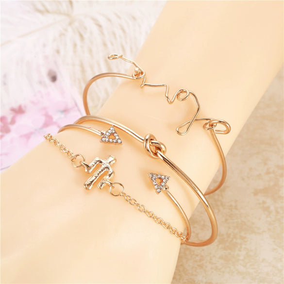 Unisex Alloy Electroplated Bracelet Set With Cactus Arrow And Love Letter Charms Simple Street Style Triangle Knot Bracelets