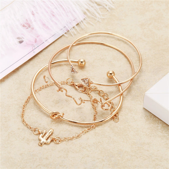 Unisex Alloy Electroplated Bracelet Set With Cactus Arrow And Love Letter Charms Simple Street Style Triangle Knot Bracelets