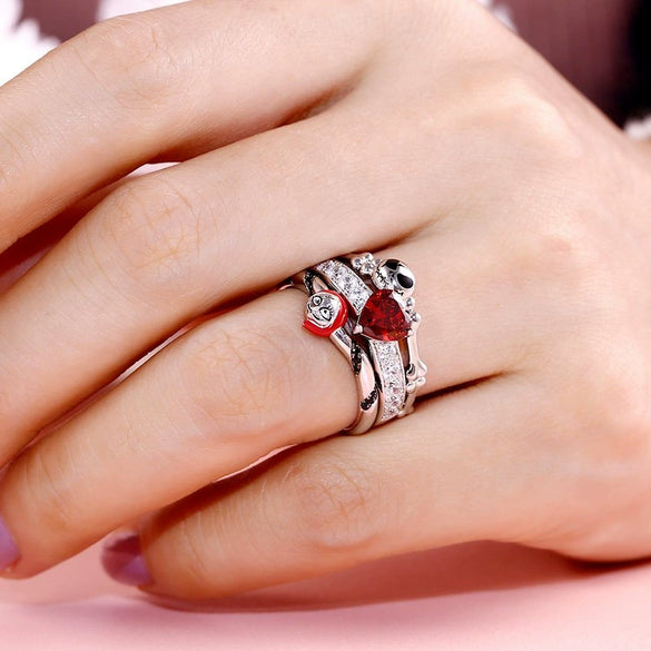Unisex Alloy Heartshaped Red Zircon Ring With Punk Skull And Pumpkin Motif Electroplated Couple Jewelry