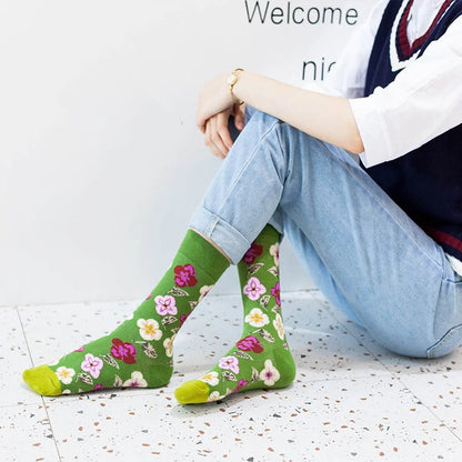 Unisex Basic Color Block Flower Cotton Jacquard Crew Socks A Pair