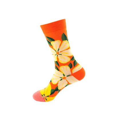 Unisex Basic Color Block Flower Cotton Jacquard Crew Socks A Pair