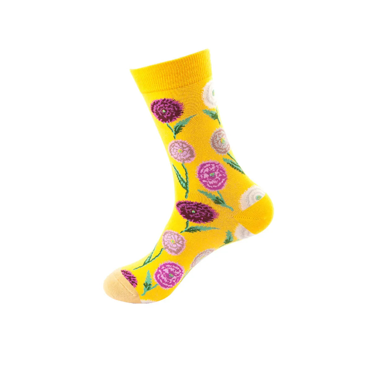 Unisex Basic Color Block Flower Cotton Jacquard Crew Socks A Pair