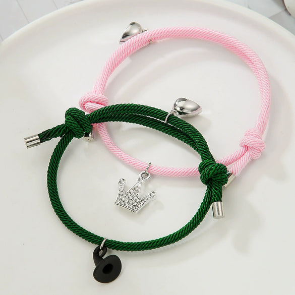 Unisex Beads Alloy Magnetic Bracelet With Crown And Diamond Design