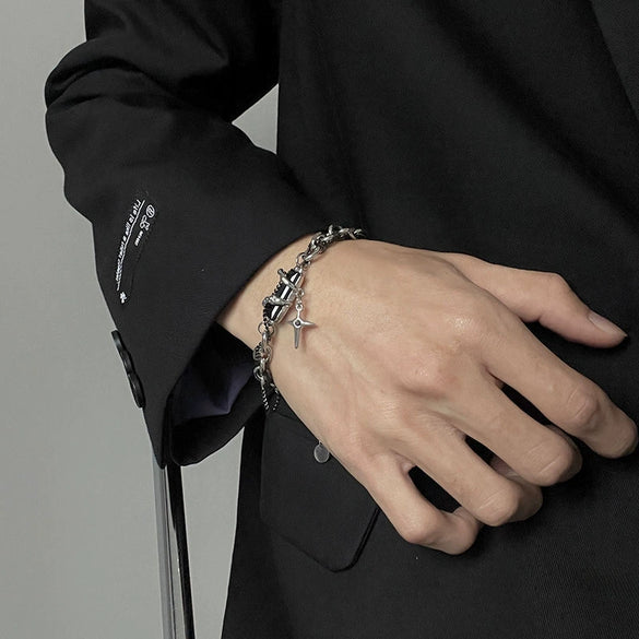 Unisex Black And White Stone Star Cross Bracelet With Titanium Steel Geometric Minimalist Design