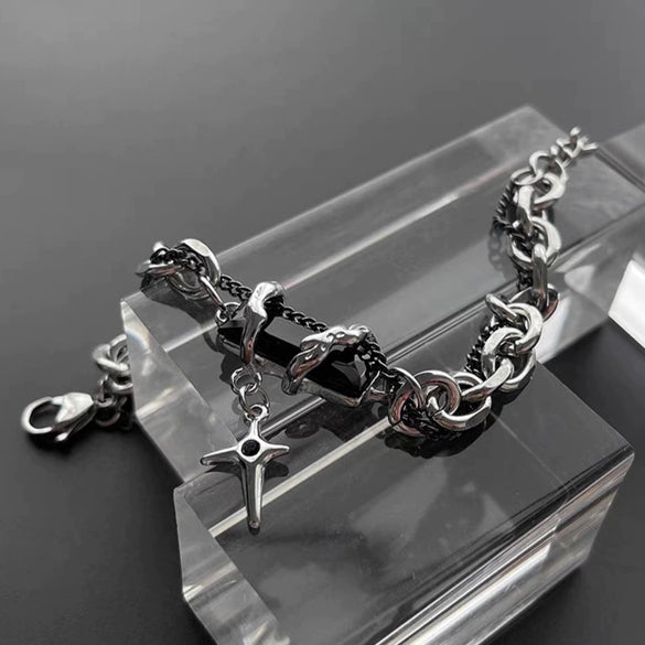 Unisex Black And White Stone Star Cross Bracelet With Titanium Steel Geometric Minimalist Design