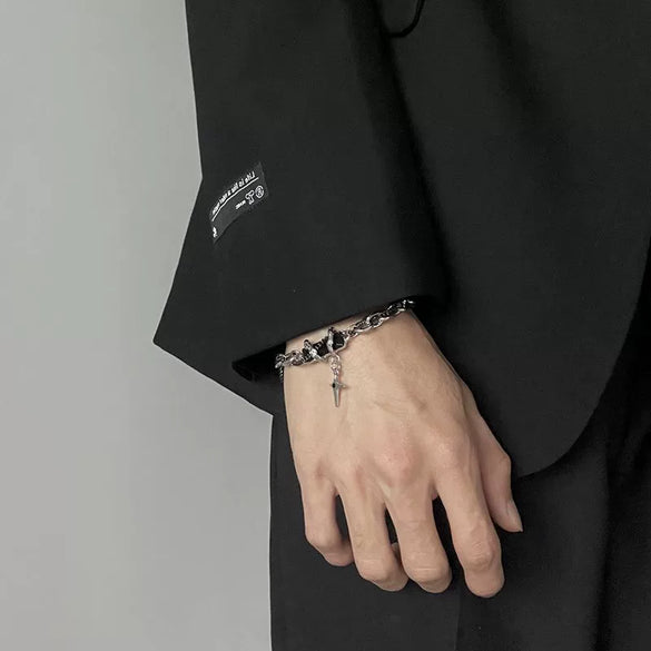 Unisex Black And White Stone Star Cross Bracelet With Titanium Steel Geometric Minimalist Design