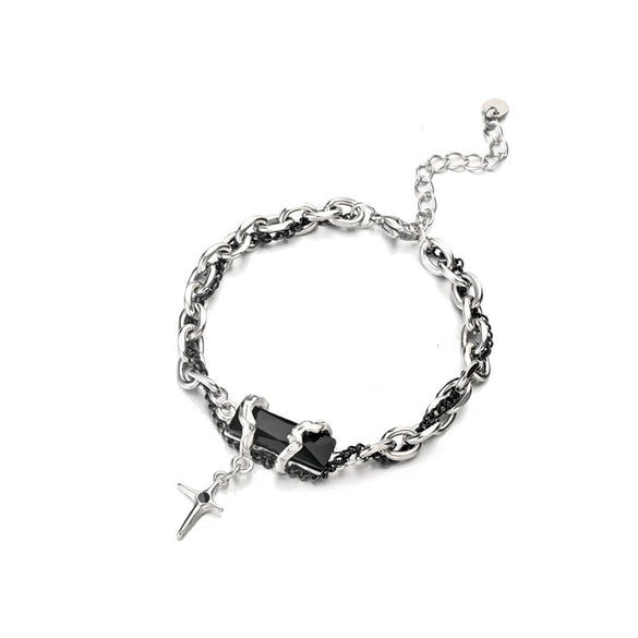 Unisex Black And White Stone Star Cross Bracelet With Titanium Steel Geometric Minimalist Design