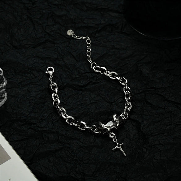 Unisex Black Titanium Steel Bracelet With Geometric Diamond Star Design And Minimalist Nonfading Style