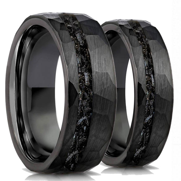 Unisex Black Tungsten Steel Ring With Hammered Geometric Pattern And Electroplated Finish Minimalist Jewelry