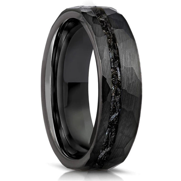Unisex Black Tungsten Steel Ring With Hammered Geometric Pattern And Electroplated Finish Minimalist Jewelry