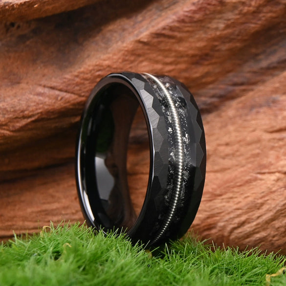 Unisex Black Tungsten Steel Ring With Hammered Meteorite Pattern And Guitar Wire Inlay Minimalist Geometric Design