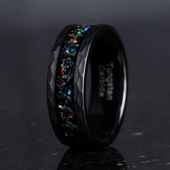 Unisex Black Tungsten Steel Ring With Hammered Pattern Colorful Opal Inlay And Gold Tone Electroplated Finish