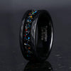Unisex Black Tungsten Steel Ring With Hammered Pattern Colorful Opal Inlay And Gold Tone Electroplated Finish