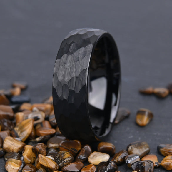 Unisex Black Tungsten Steel Ring With Hand Polished Sandblasted Hammered Geometric Texture For Casual Jewelry