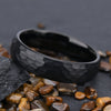 Unisex Black Tungsten Steel Ring With Hand Polished Sandblasted Hammered Geometric Texture For Casual Jewelry