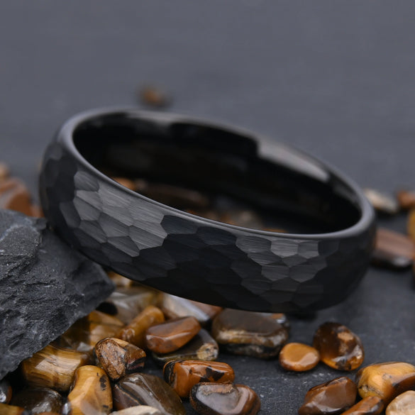 Unisex Black Tungsten Steel Ring With Hand Polished Sandblasted Hammered Geometric Texture For Casual Jewelry