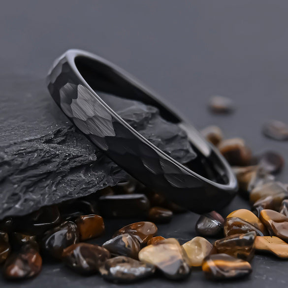 Unisex Black Tungsten Steel Ring With Hand Polished Sandblasted Hammered Geometric Texture For Casual Jewelry