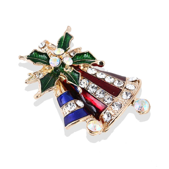 Unisex Cartoon Christmas Bell Brooch Pin With Colorful Artificial And Semi Precious Gemstone Detailing In Alloy