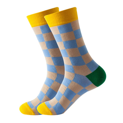 Unisex Casual Color Block Checkered Nylon Cotton Jacquard Crew Socks A Pair