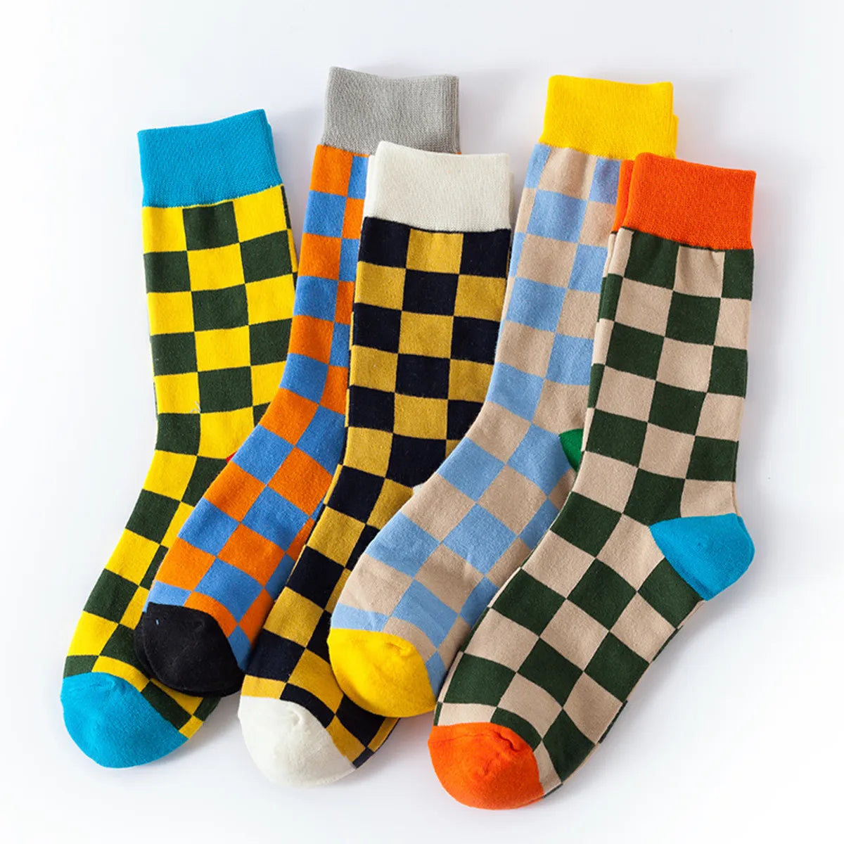 Unisex Casual Color Block Checkered Nylon Cotton Jacquard Crew Socks A Pair