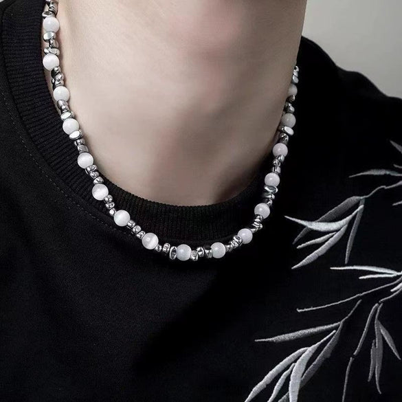 Unisex Cat's Eye Stone And Black Gallstone Beaded Necklace With Polished Geometric Pendant And Casual Hiphop Style