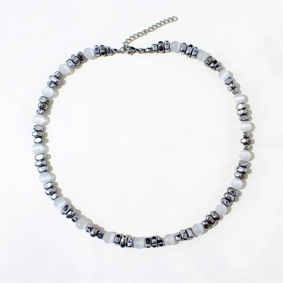 Unisex Cat's Eye Stone And Black Gallstone Beaded Necklace With Polished Geometric Pendant And Casual Hiphop Style